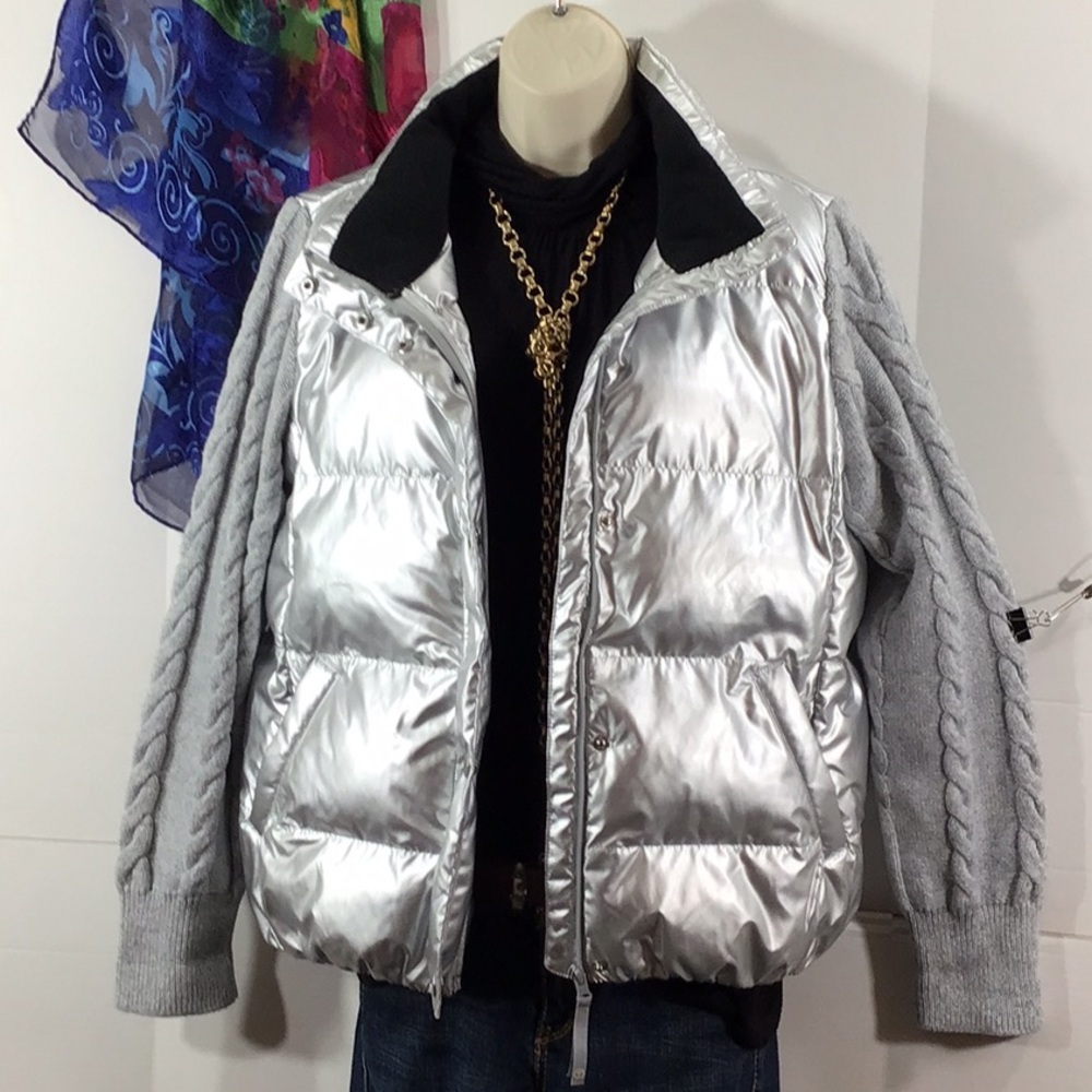 Talbots Metallic Silver Puffer Jacket with Light Gray Knit Sleeves M